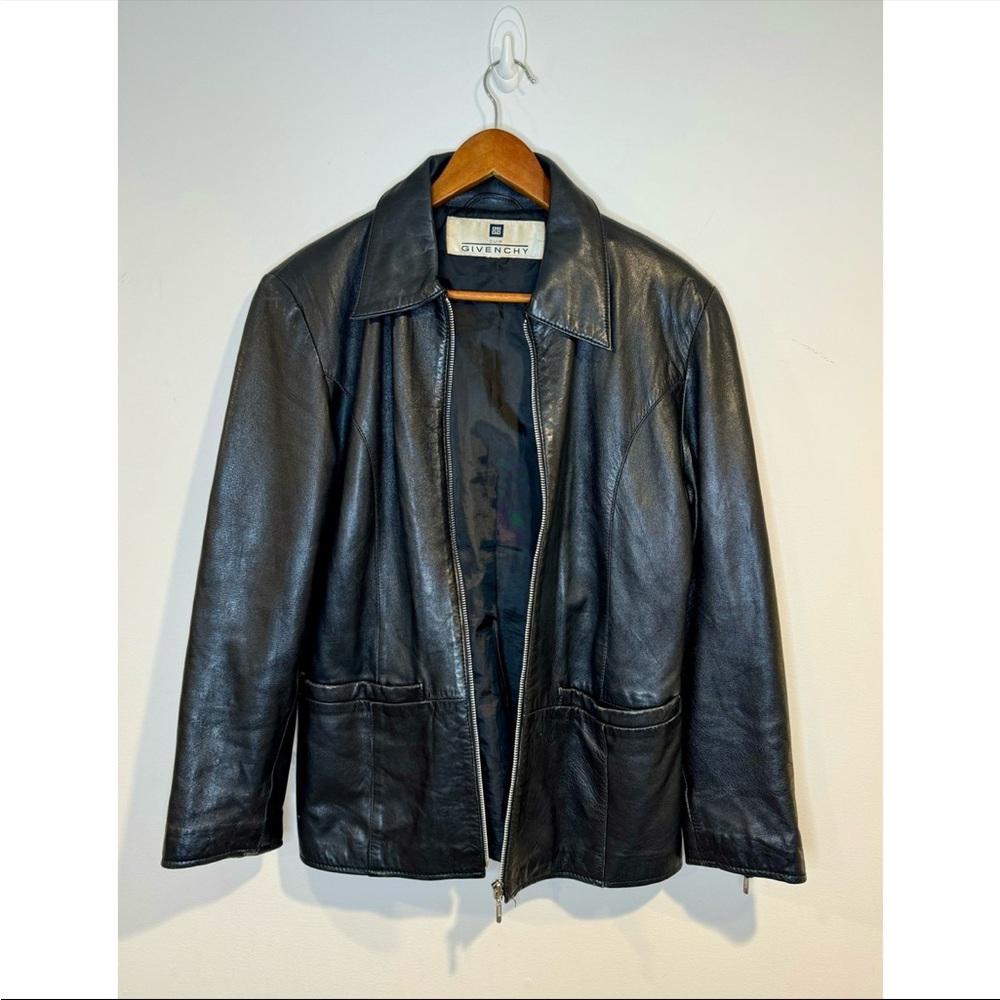 Vintage 90s Givenchy Cuir Leather Full Zip Collared Black Jacket Medium